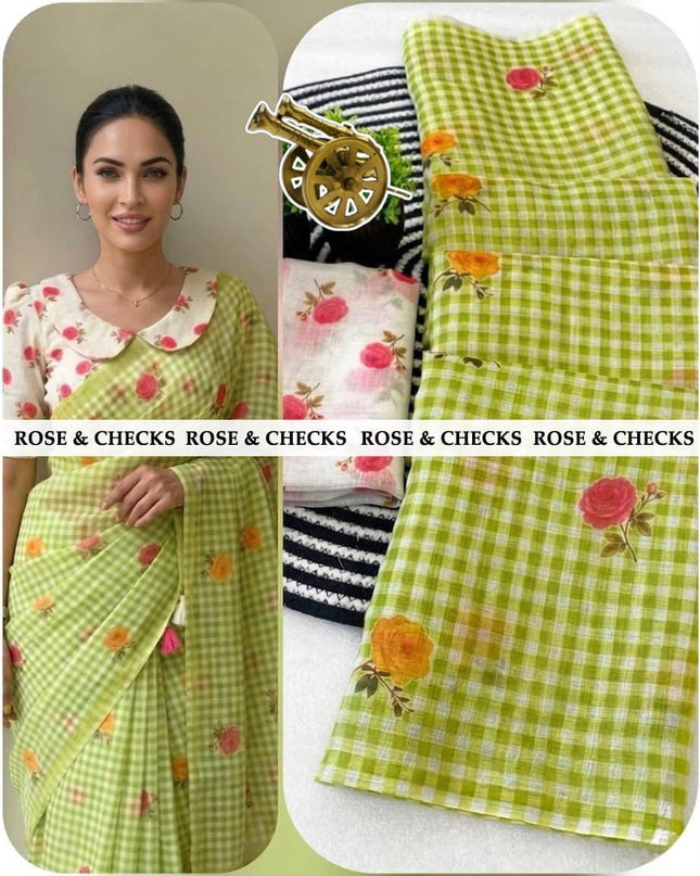 Elegant linen sarees with classic checks & soft rose prints