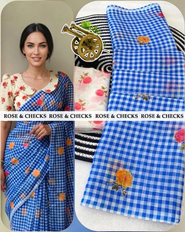 Elegant linen sarees with classic checks & soft rose prints