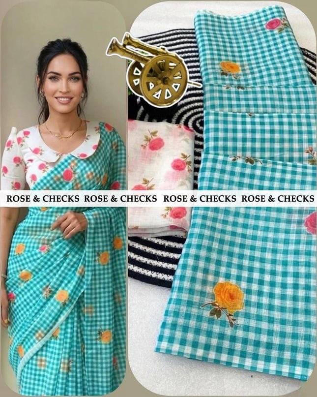 Elegant linen sarees with classic checks & soft rose prints