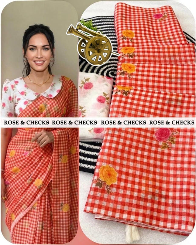 Elegant linen sarees with classic checks & soft rose prints