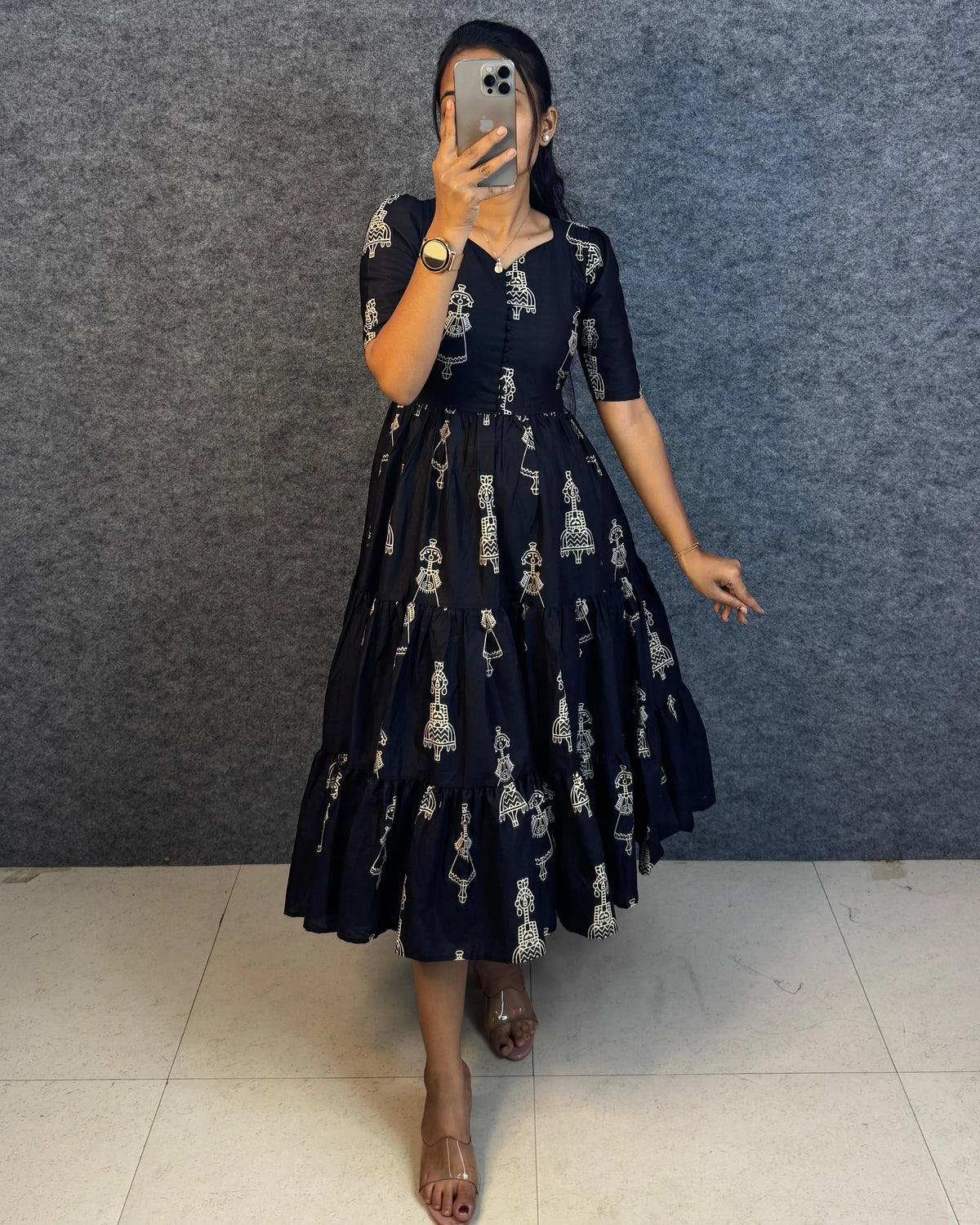 Warli Art Doll Cotton Maxi Gown