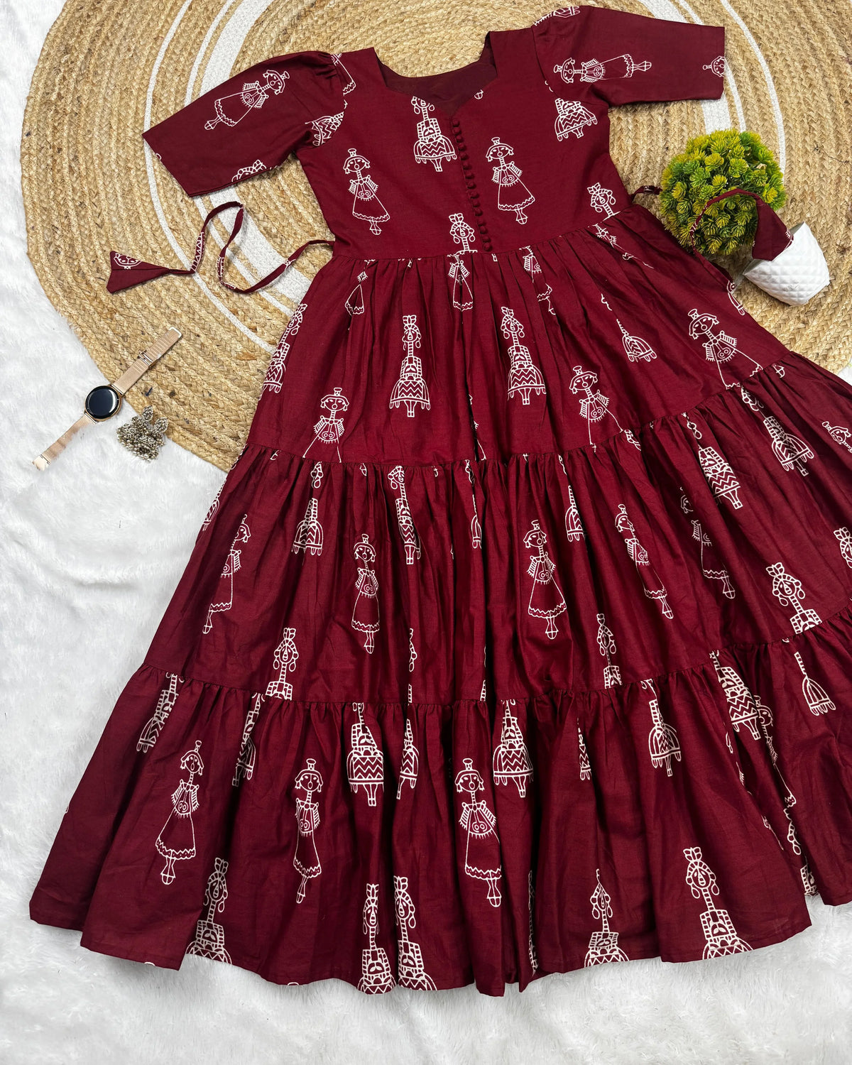 Warli Art Doll Cotton Maxi Gown