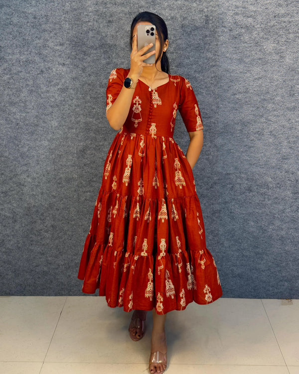 Warli Art Doll Cotton Maxi Gown