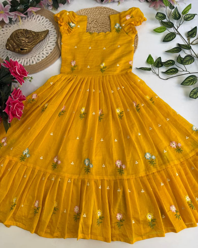 Kids Gown Concept With Mul Chanderi And Embroidery Work Design