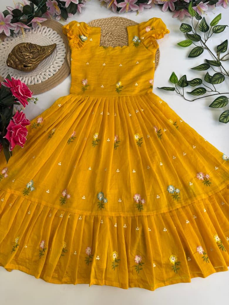 Kids Gown Concept with Mul Chanderi and Embroidery Work Design