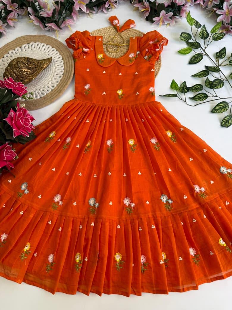 Kids Gown Concept with Mul Chanderi and Embroidery Work Design