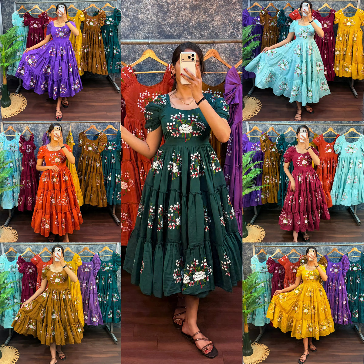 Seven Colour Embroidery Midi Gown