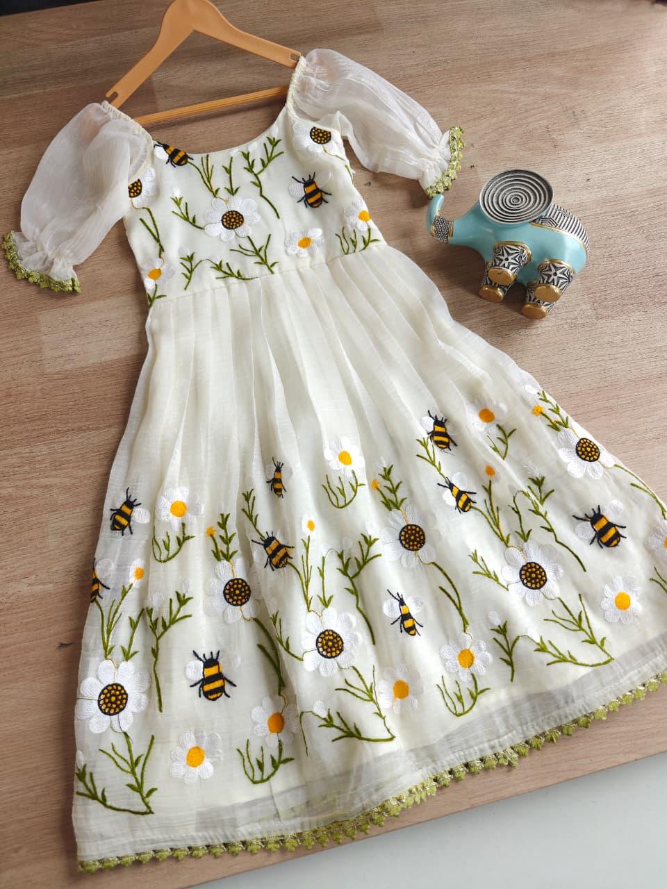 Honey Bee Embroidery Organza Kids Frock