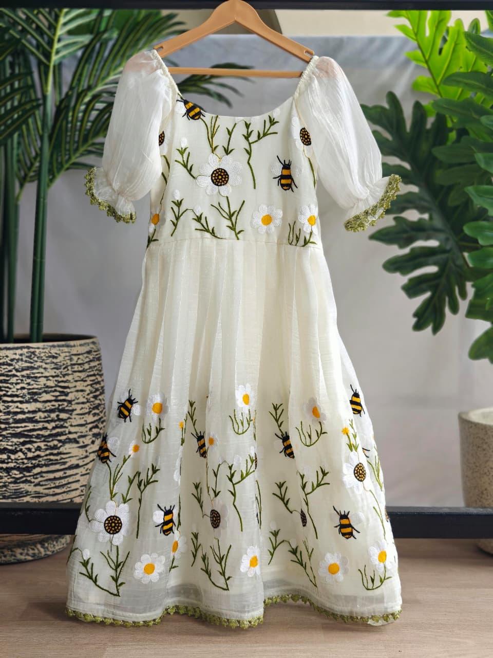 Honey Bee Embroidery Organza Kids Frock