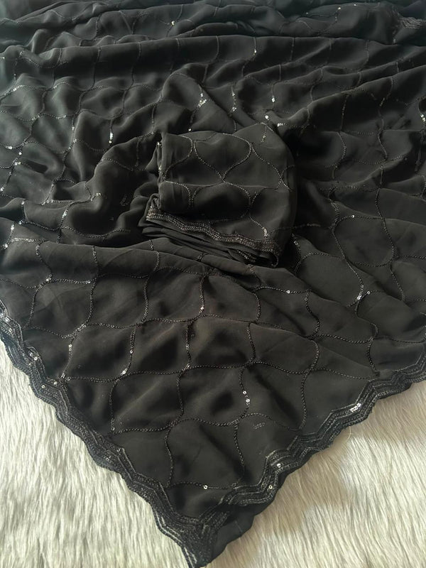 Black Love Georgette Sequin Work Saree