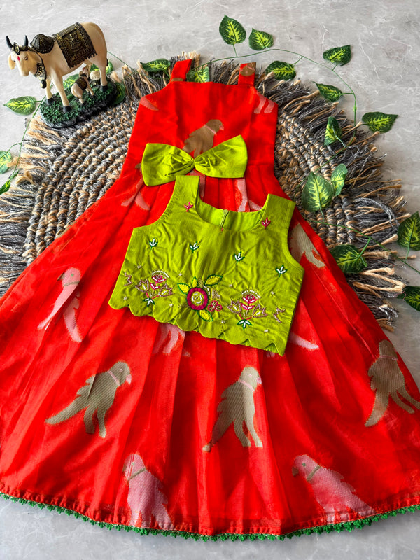Chiluka Bird Weaving Organza Kids Gown with Coat