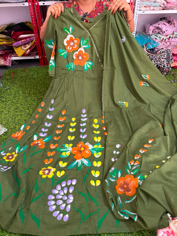 Brush Paint Mul Cotton Anarkali with Dupatta