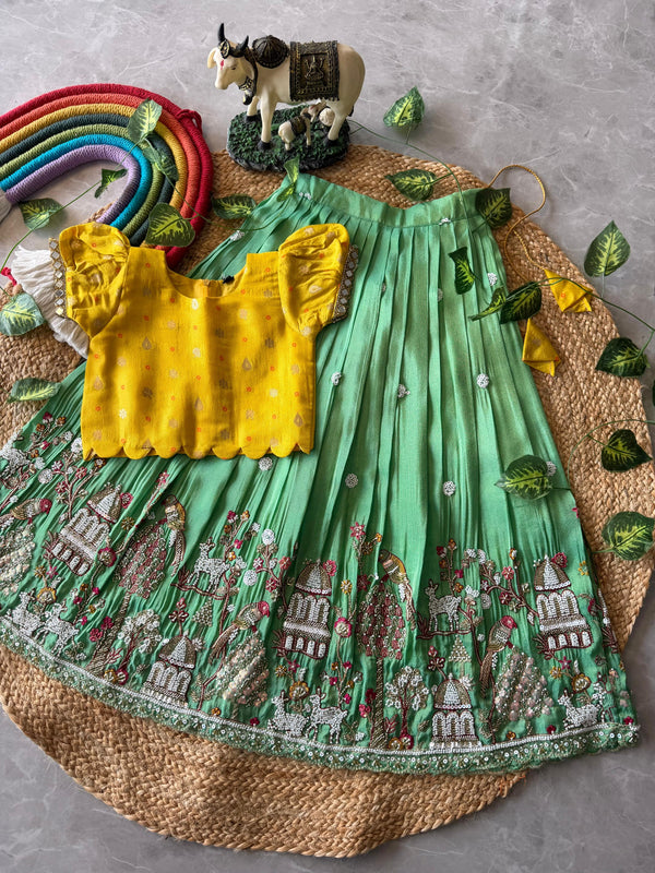 Maggam Work Village Theme Kids Lehenga