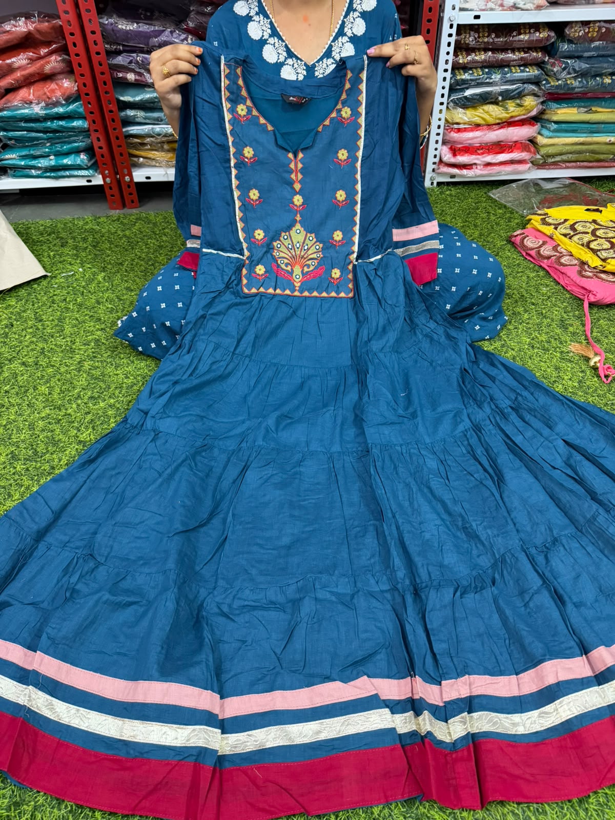 Red Mul Cotton Tiered Anarkali
