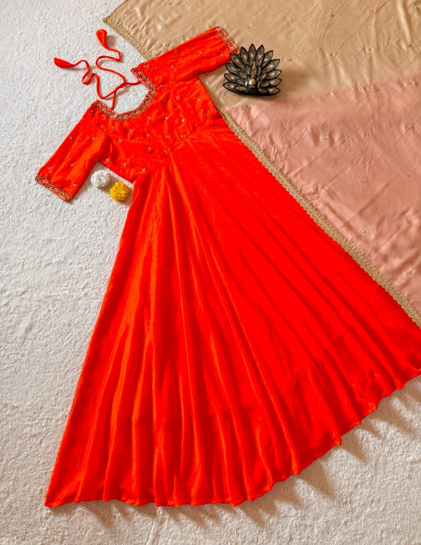 Maggam Work Vichitra Silk Gown with Dupatta