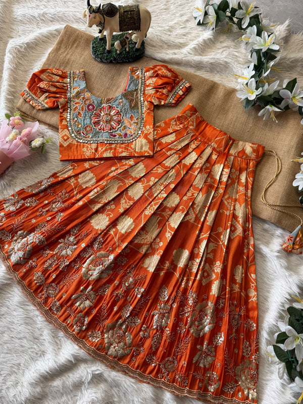 Grand Maggam Work Tissue Kids Lehenga