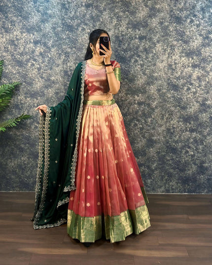 SOFT BANARSI TISSU ORGANZA LEHENGA GREEN COLOUR