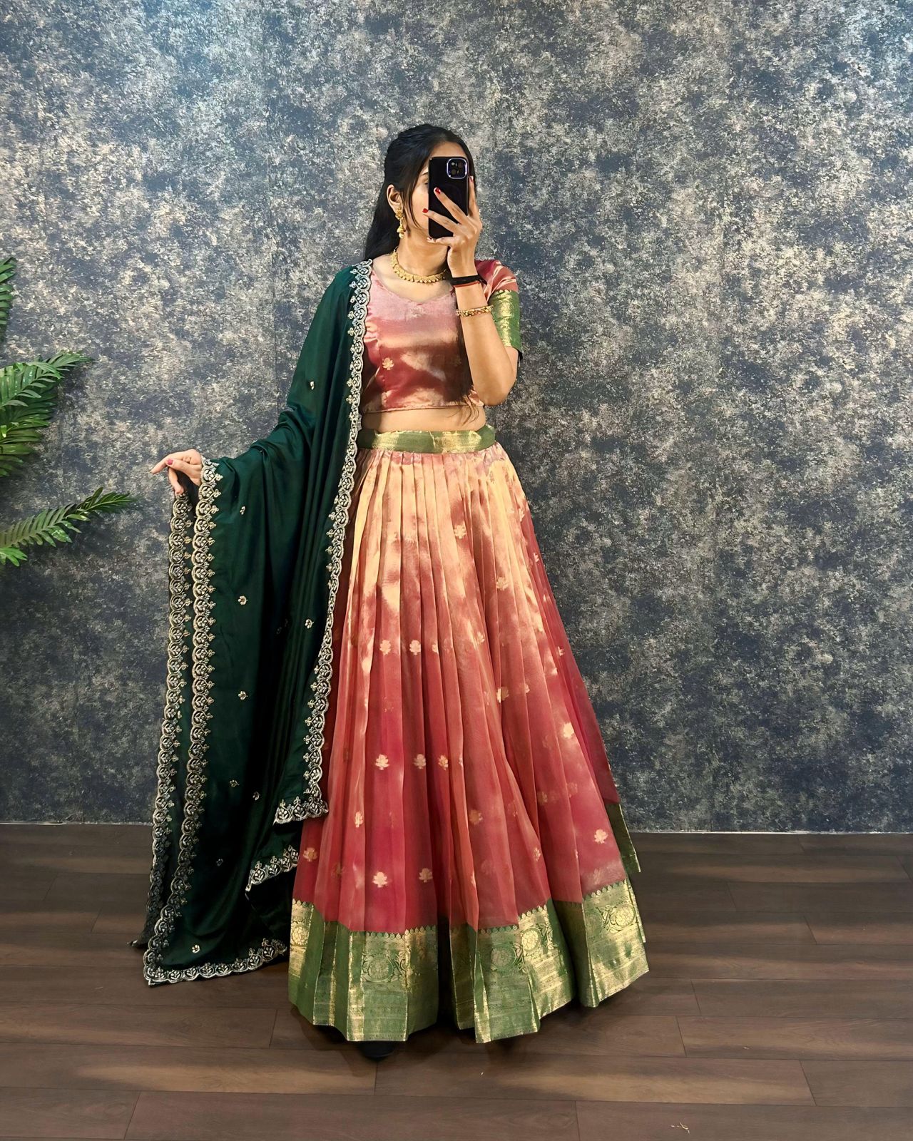 SOFT BANARSI TISSU ORGANZA LEHENGA GREEN COLOUR