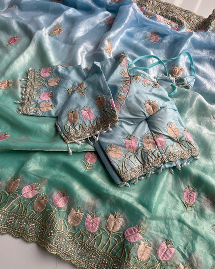 Duel shade classy Embroidery work saree with stitched Blouse