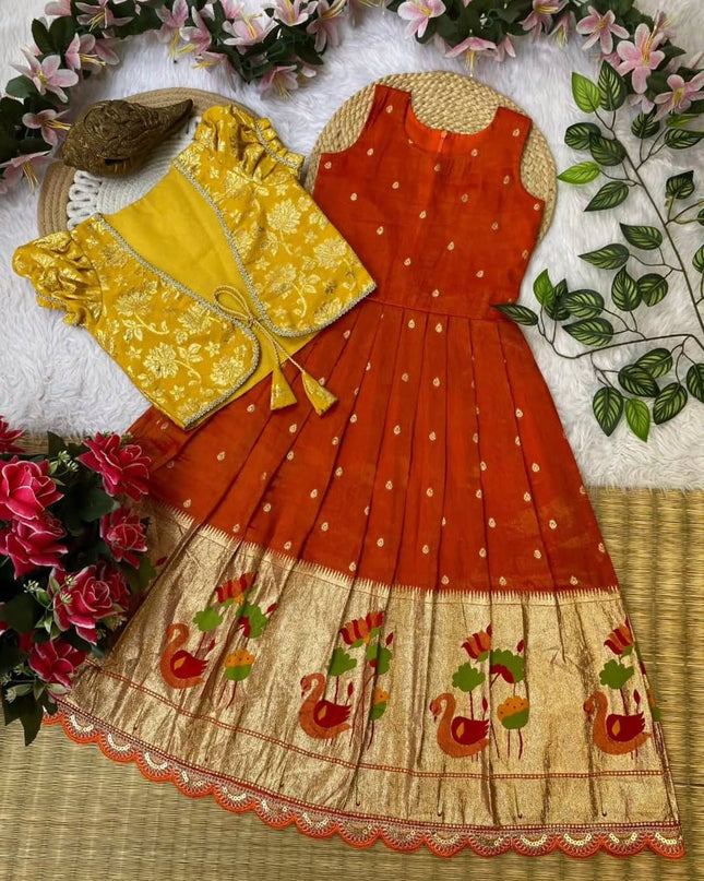 Kids Gown With Coat Pure Tissue Silk Fabric