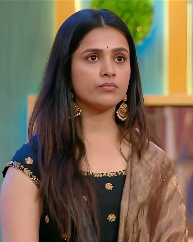 Big Boss Tanuja style Beautiful Maggam Work Gown With Tissue Dupatta