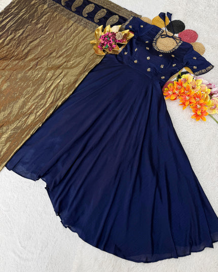 Big Boss Tanuja style Beautiful Maggam Work Gown With Tissue Dupatta