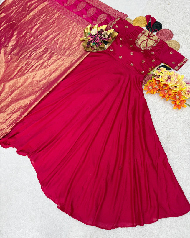 Big Boss Tanuja style Beautiful Maggam Work Gown With Tissue Dupatta