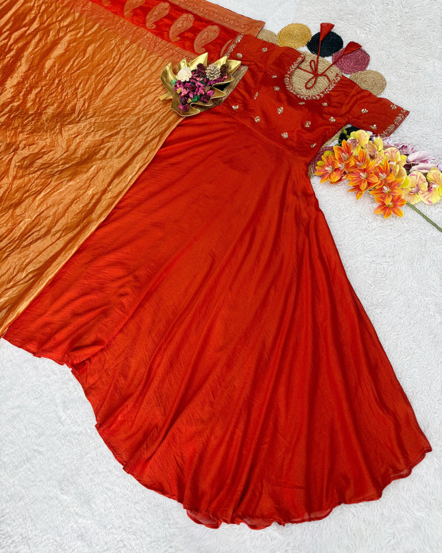 Big Boss Tanuja style Beautiful Maggam Work Gown With Tissue Dupatta