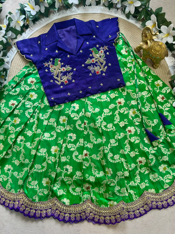 Greeny Parrot Maggam Kids Lehenga